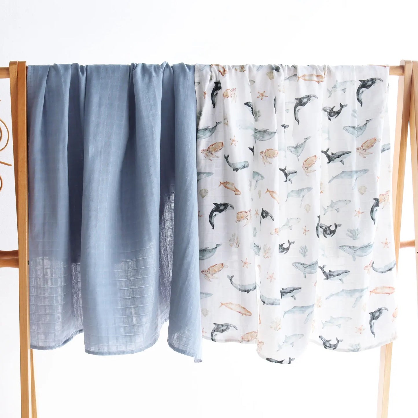 Wickeltuch-Set aus Bambus-Bio Baumwoll-Musselin(Meerestiere/blau)