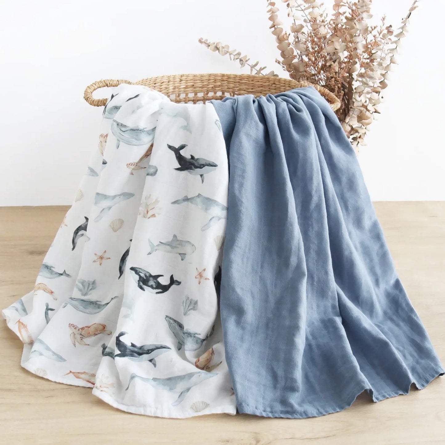 Wickeltuch-Set aus Bambus-Bio Baumwoll-Musselin(Meerestiere/blau)