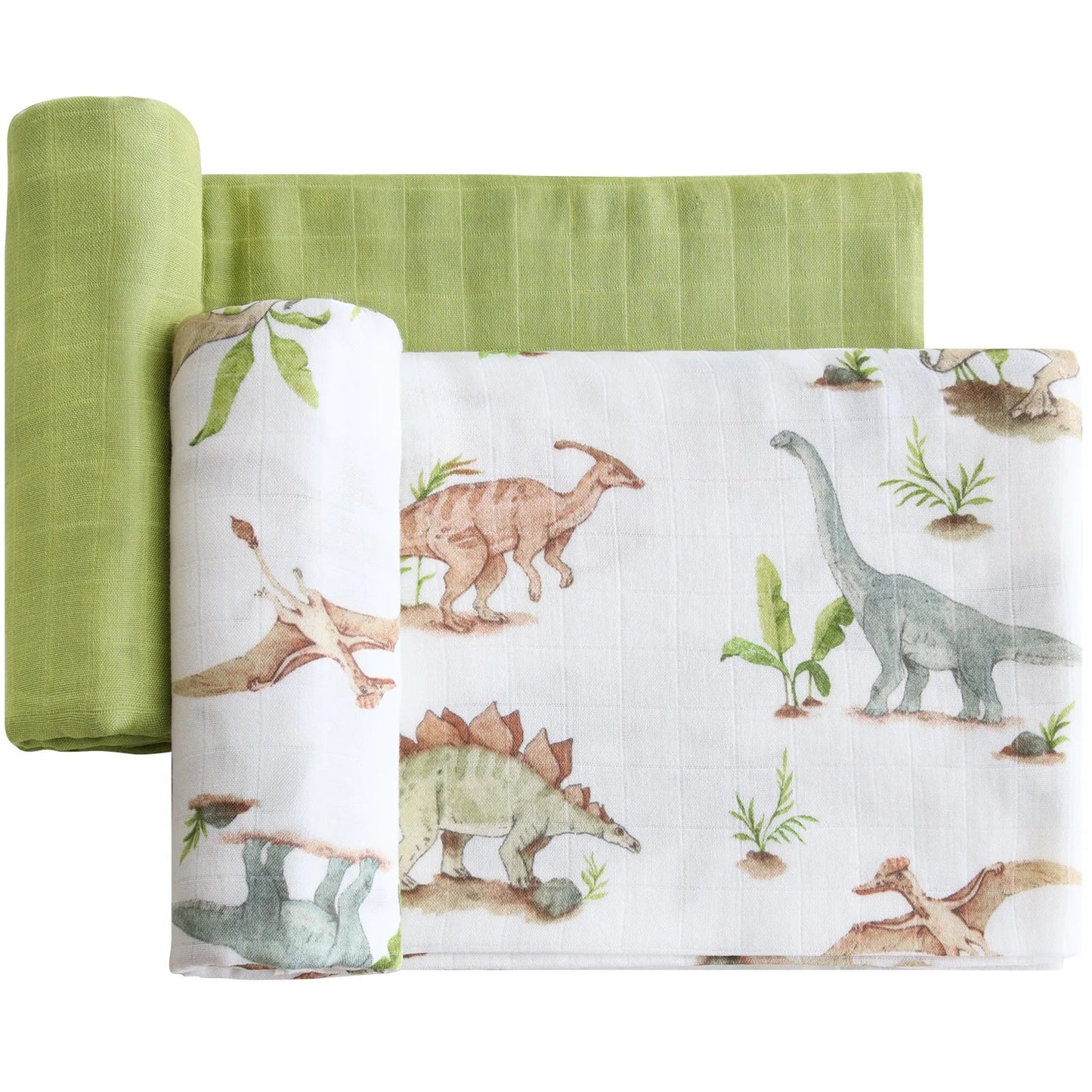Wickeltuch-Set aus Bambus-Bio Baumwoll-Musselin(Dino/Hellgrün)