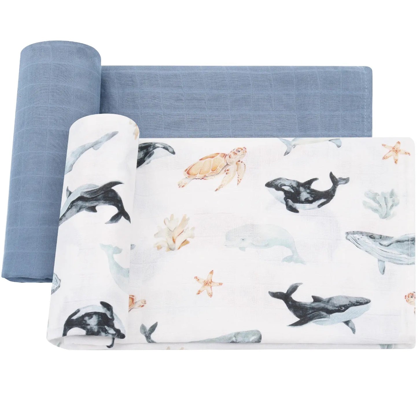 Wickeltuch-Set aus Bambus-Bio Baumwoll-Musselin(Meerestiere/blau)