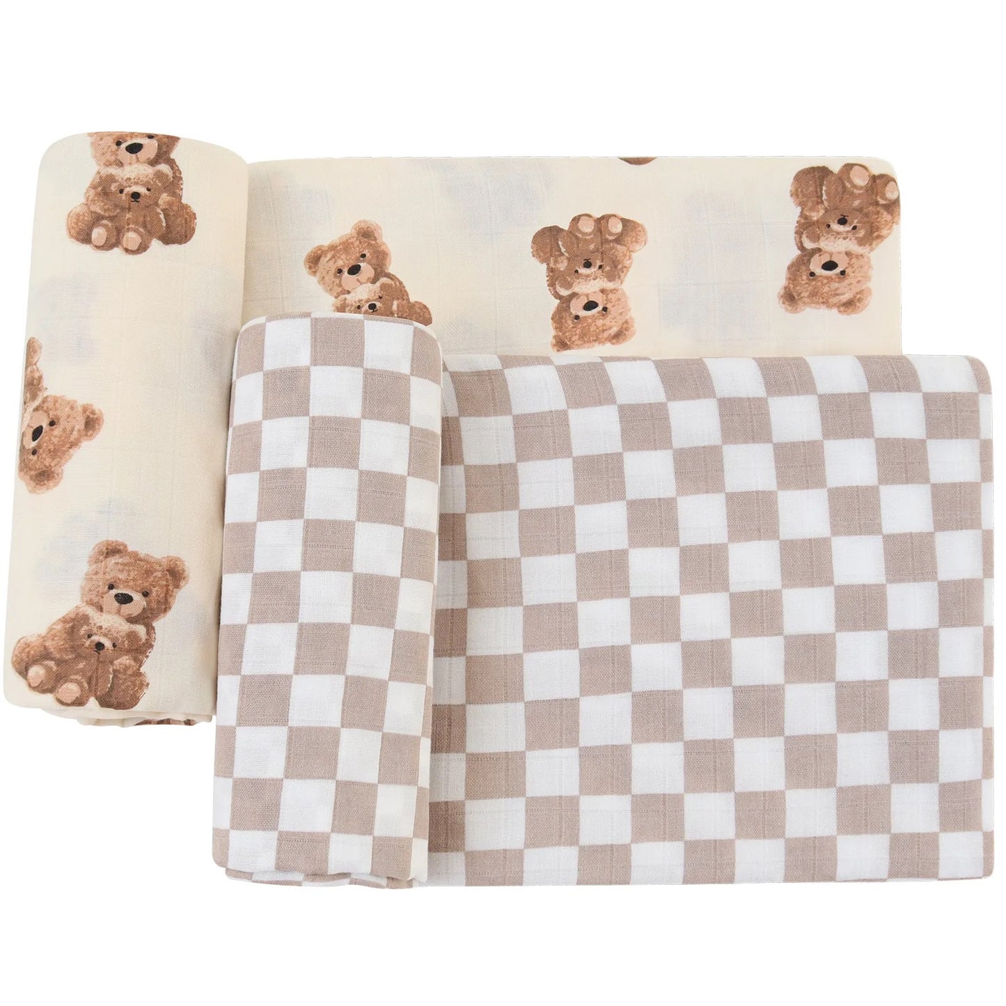 Wickeltuch-Set aus Bambus-Bio Baumwoll-Musselin(Bär/kariert)
