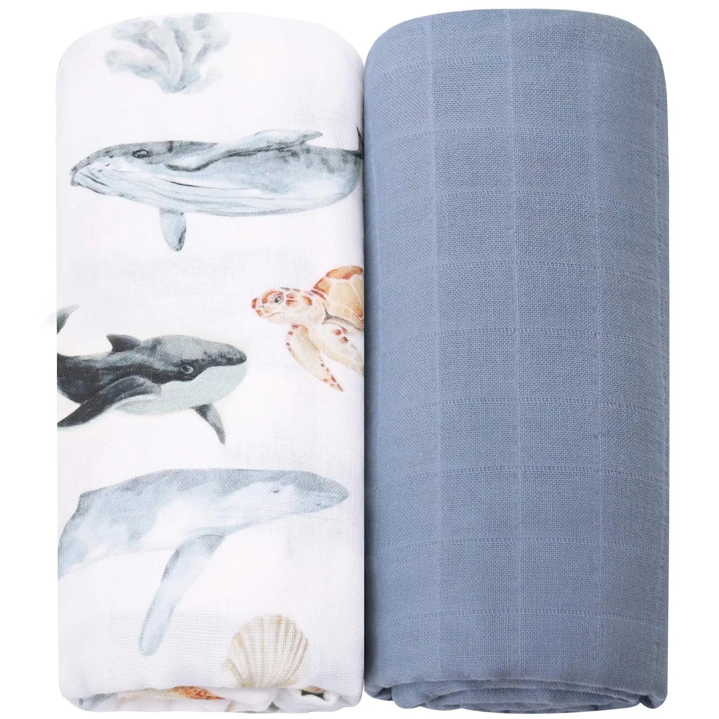 Wickeltuch-Set aus Bambus-Bio Baumwoll-Musselin(Meerestiere/blau)