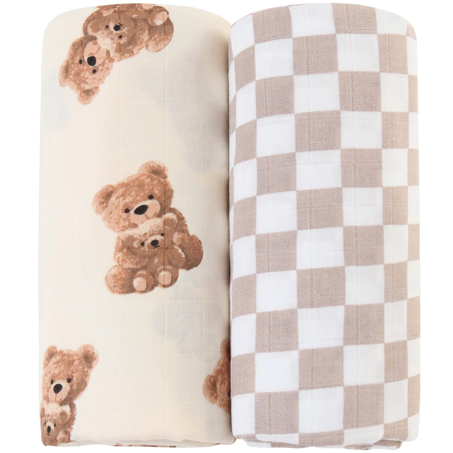 Wickeltuch-Set aus Bambus-Bio Baumwoll-Musselin(Bär/kariert)