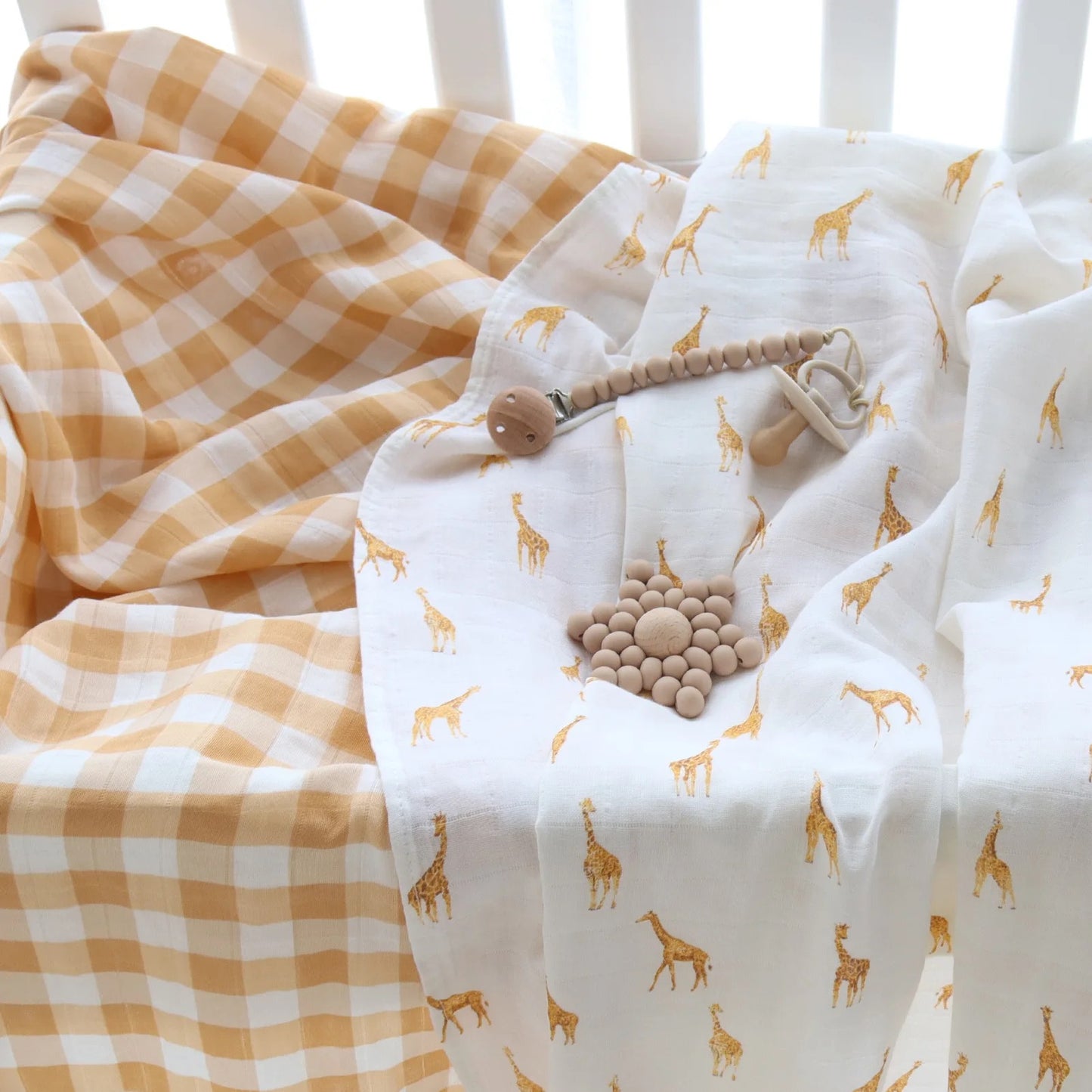 Wickeltuch-Set aus Bambus-Bio Baumwoll-Musselin(Giraffe/ Kariert)