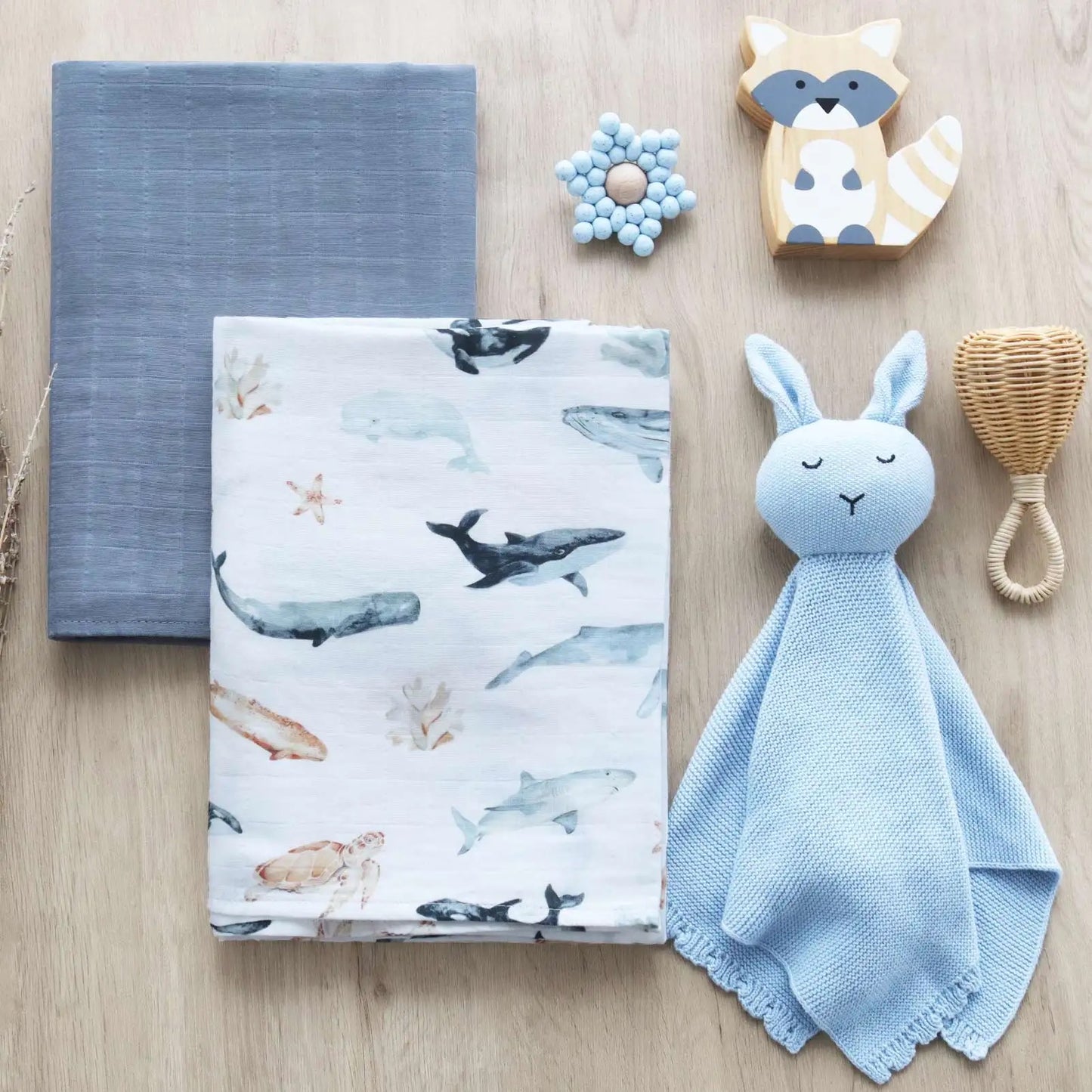 Wickeltuch-Set aus Bambus-Bio Baumwoll-Musselin(Meerestiere/blau)