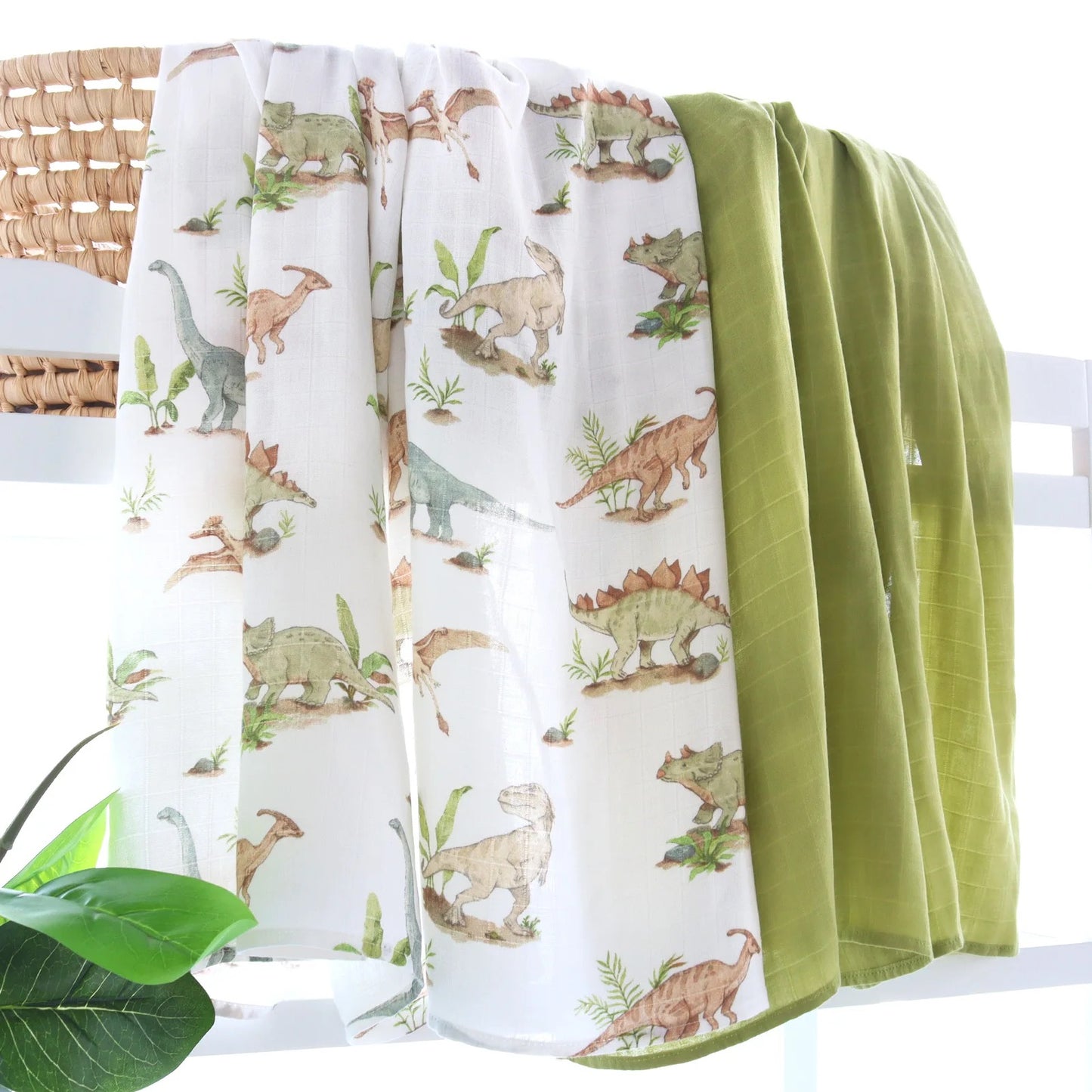 Wickeltuch-Set aus Bambus-Bio Baumwoll-Musselin(Dino/Hellgrün)