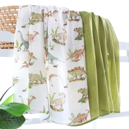 Wickeltuch-Set aus Bambus-Bio Baumwoll-Musselin(Dino/Hellgrün)
