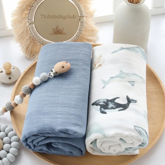 Wickeltuch-Set aus Bambus-Bio Baumwoll-Musselin(Meerestiere/blau)
