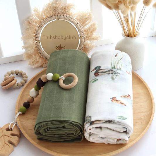 Wickeltuch-Set aus Bambus-Bio Baumwoll-Musselin(Olivenente/ Grün)