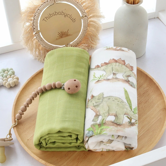 Wickeltuch-Set aus Bambus-Bio Baumwoll-Musselin(Dino/Hellgrün)