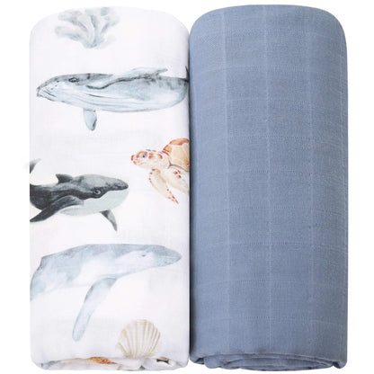 Wickeltuch-Set aus Bambus-Bio Baumwoll-Musselin(Meerestiere/blau)