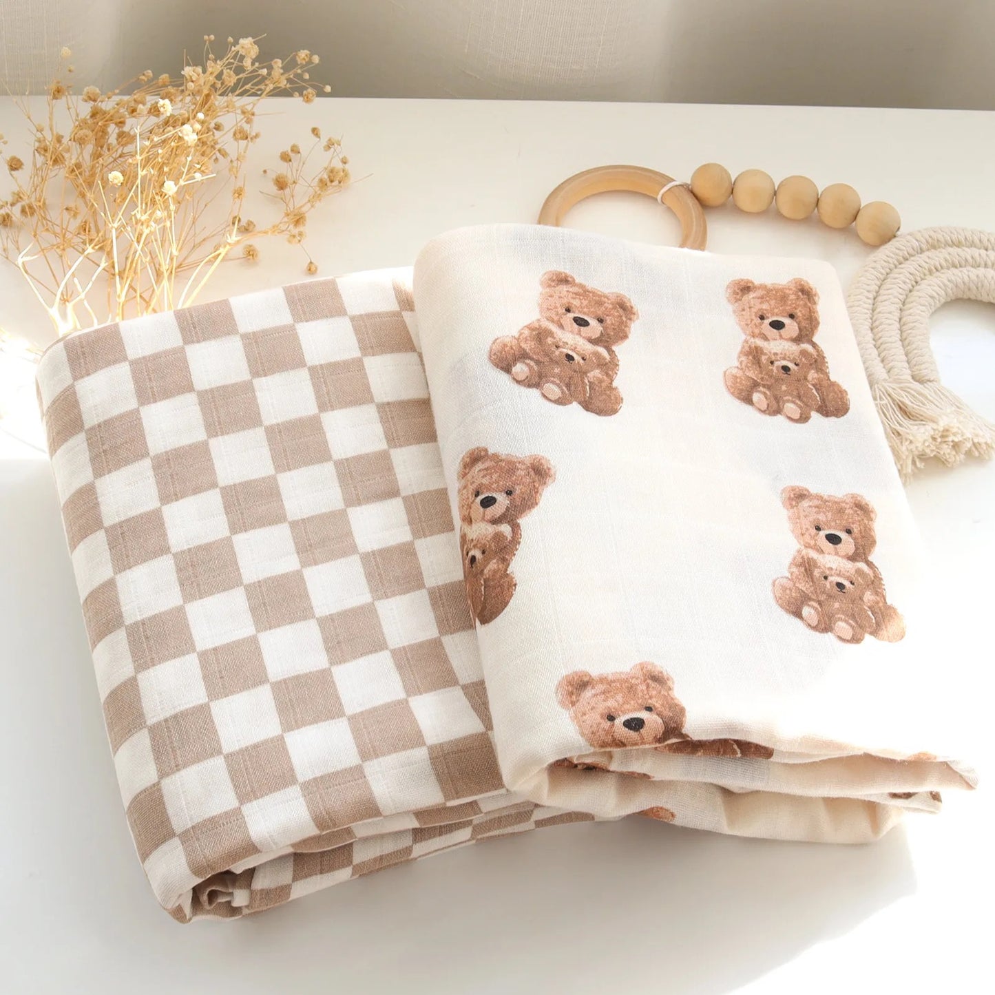 Wickeltuch-Set aus Bambus-Bio Baumwoll-Musselin(Bär/kariert)