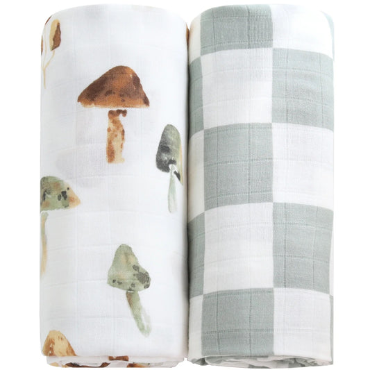 Wickeltuch-Set aus Bambus-Bio Baumwoll-Musselin(Pilz/ Kariert)