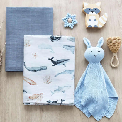 Wickeltuch-Set aus Bambus-Bio Baumwoll-Musselin(Meerestiere/blau)