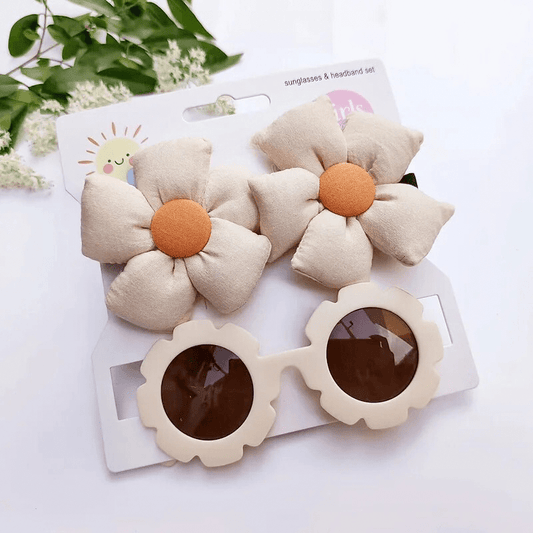 Blumensonnenbrille mit Haarspangen - 3er Set (Beige/Creme) - Thibs Baby Club