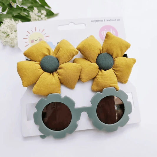 Blumensonnenbrille mit Haarspangen - 3er Set (Gelb/Khaki) - Thibs Baby Club
